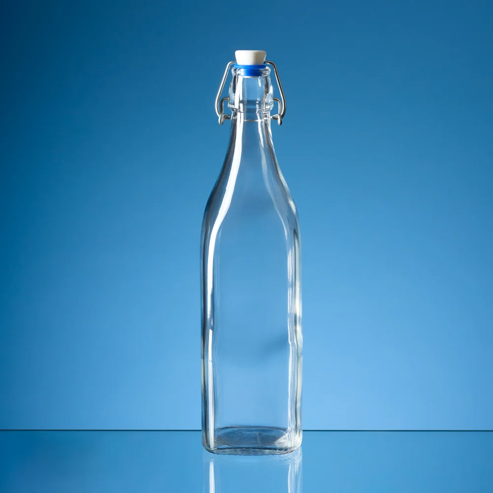 1ltr Square Whte Cap Swing Top Bottle with Blue Washer