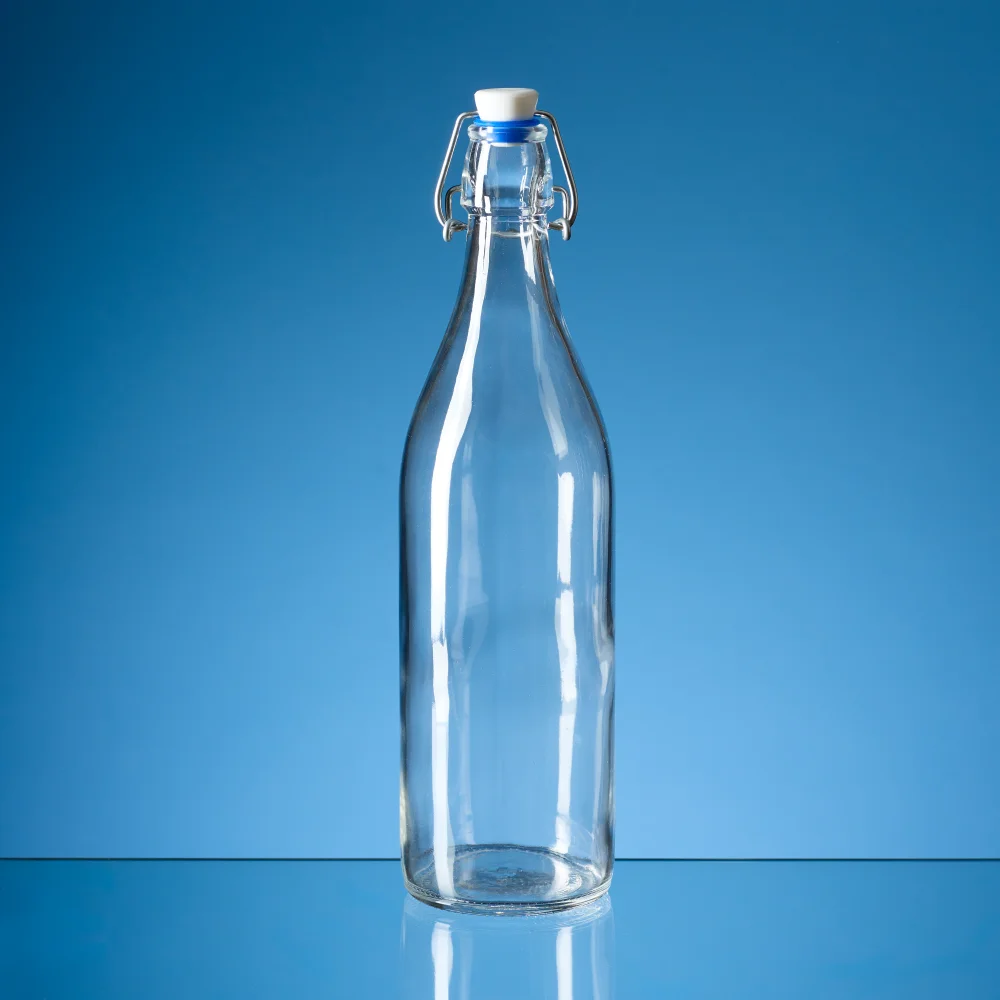 1ltr Round Whte Cap Swing Top Bottle with Blue Washer
