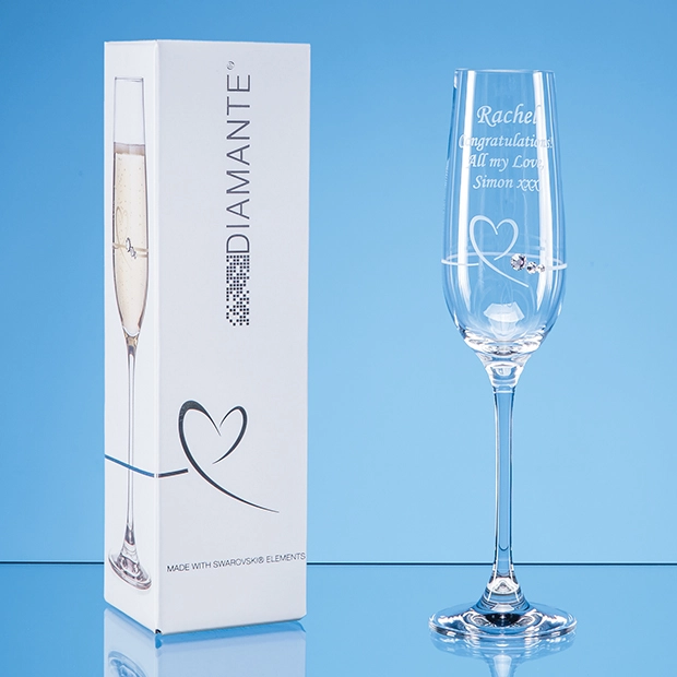 Single Diamante Petit Champagne Flute with Heart Design in an attractive Gift Box