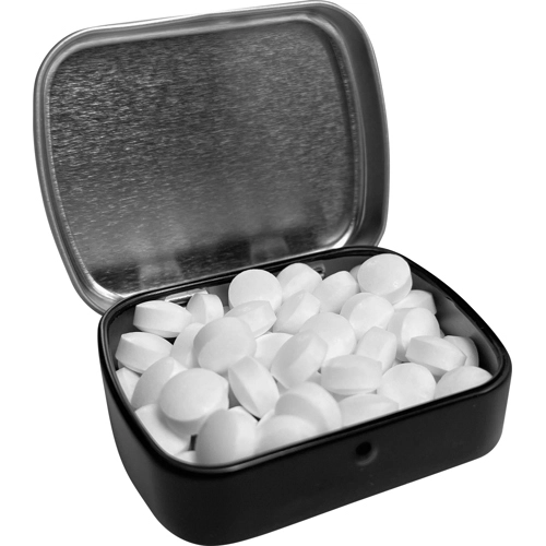 Flat hinged tin with dextrose mints