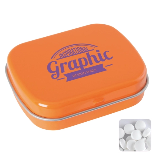Flat hinged tin with dextrose mints
