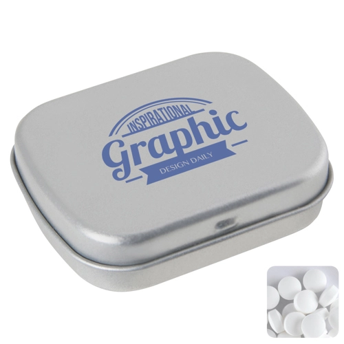 Flat hinged tin with dextrose mints