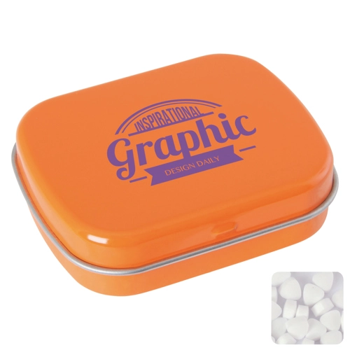 Flat hinged tin with sugar free mints