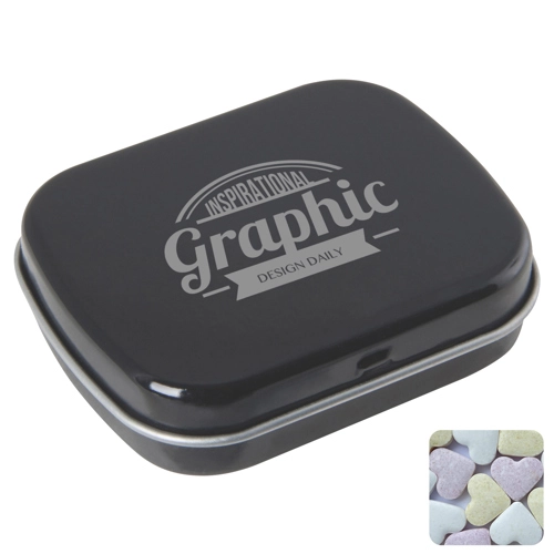 Flat hinged tin with fruit heart sweets 