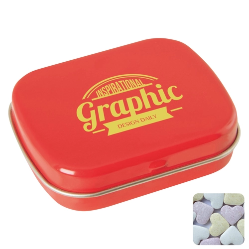 Flat hinged tin with fruit heart sweets 