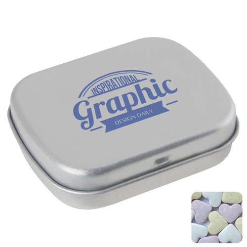 Flat hinged tin with fruit heart sweets 