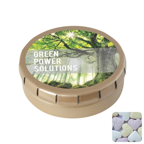 Round click tin with fruit heart sweets