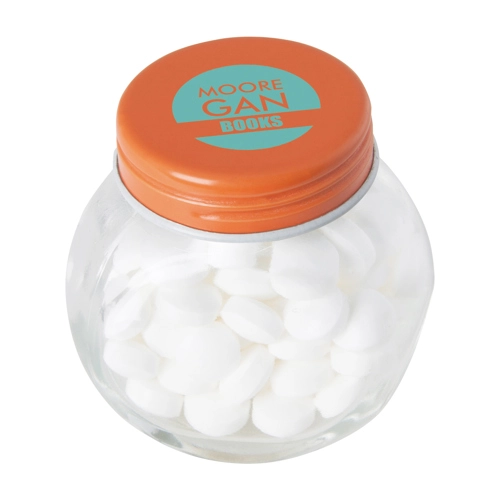 Small glass jar with dextrose mints