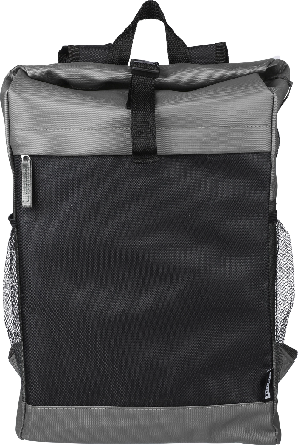 RPET polyester roll-top backpack.