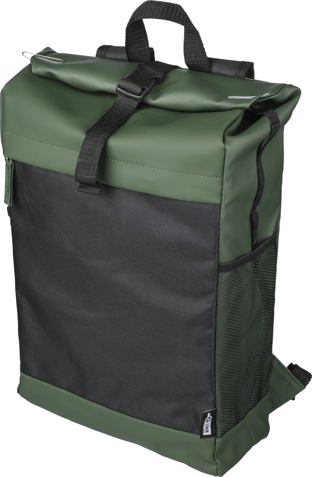 RPET polyester roll-top backpack.