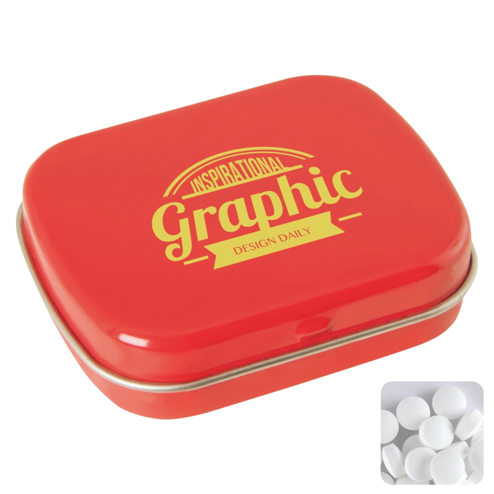 Flat hinged tin with dextrose mints