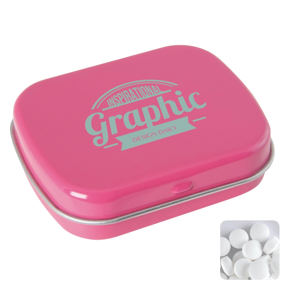 Flat hinged tin with dextrose mints