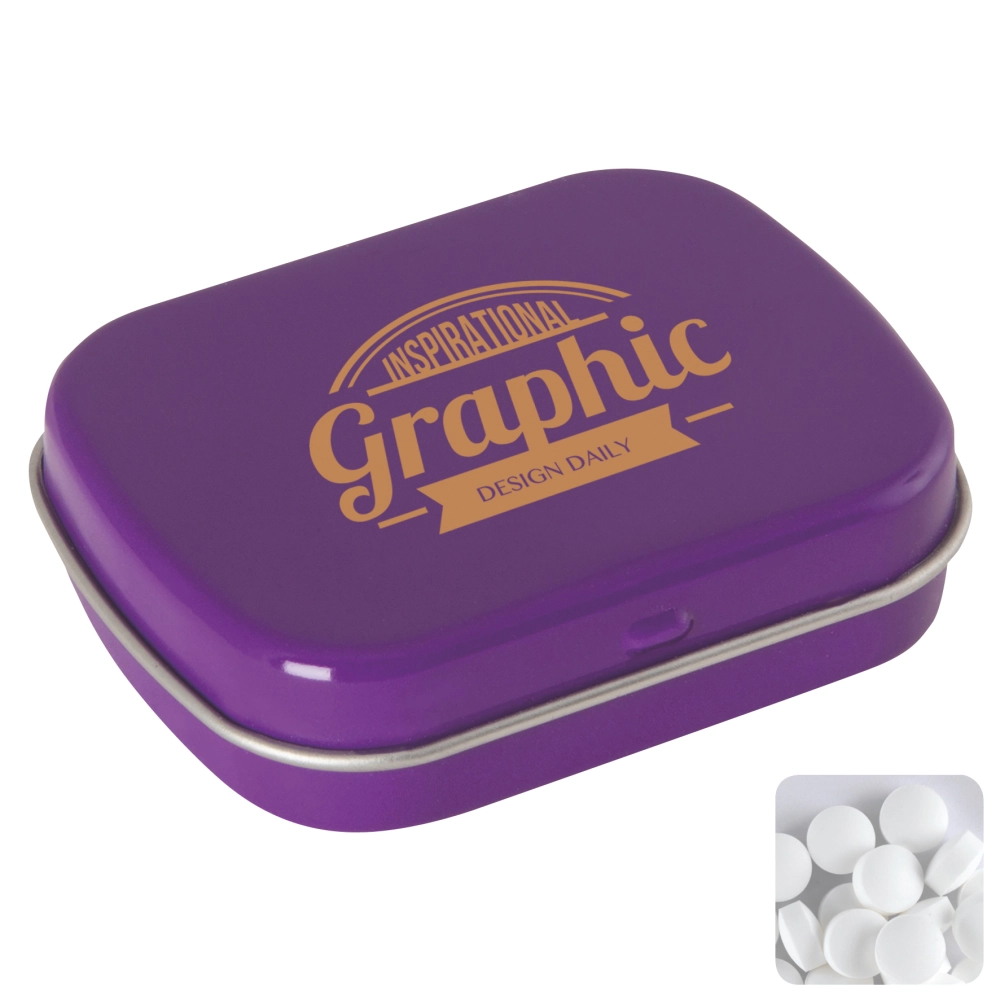 Flat hinged tin with dextrose mints
