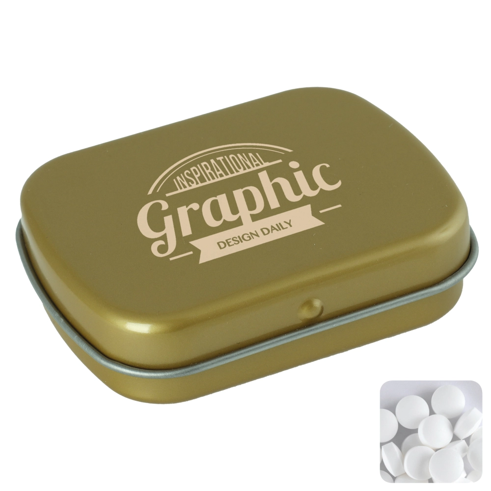 Flat hinged tin with dextrose mints