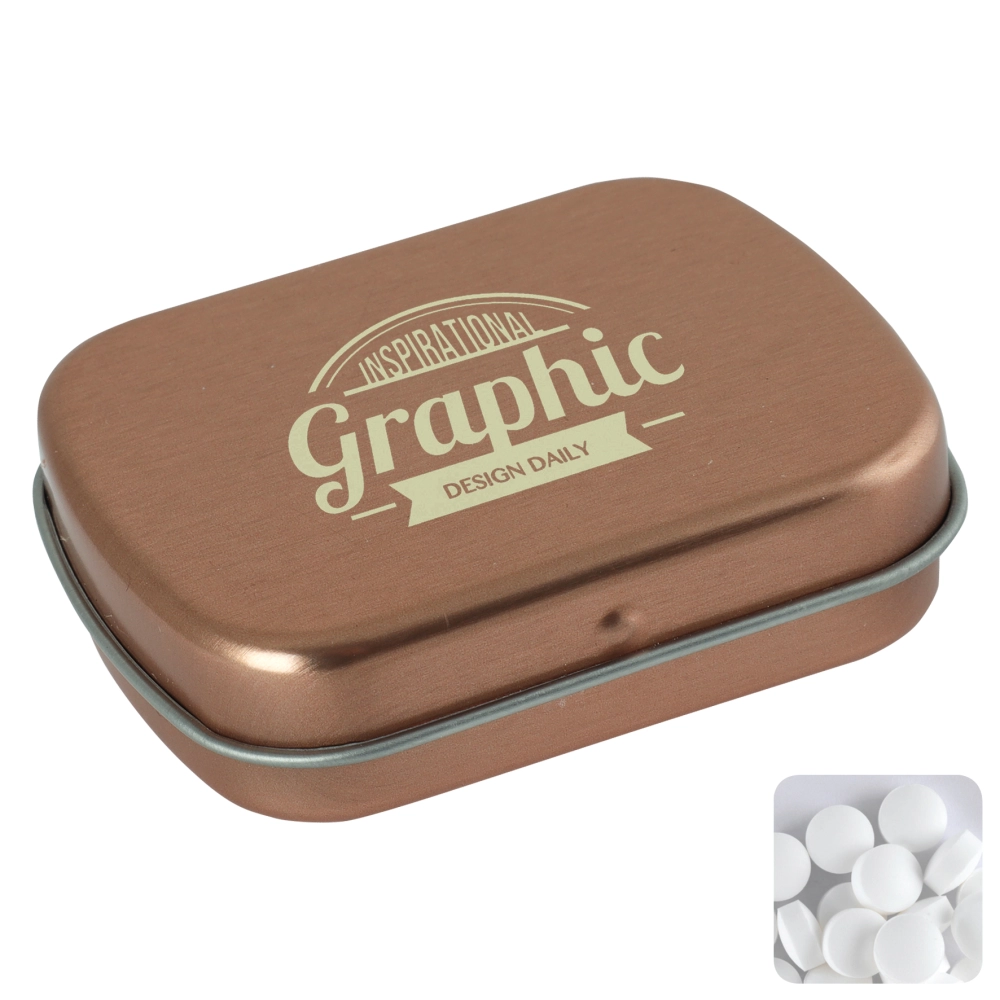 Flat hinged tin with dextrose mints