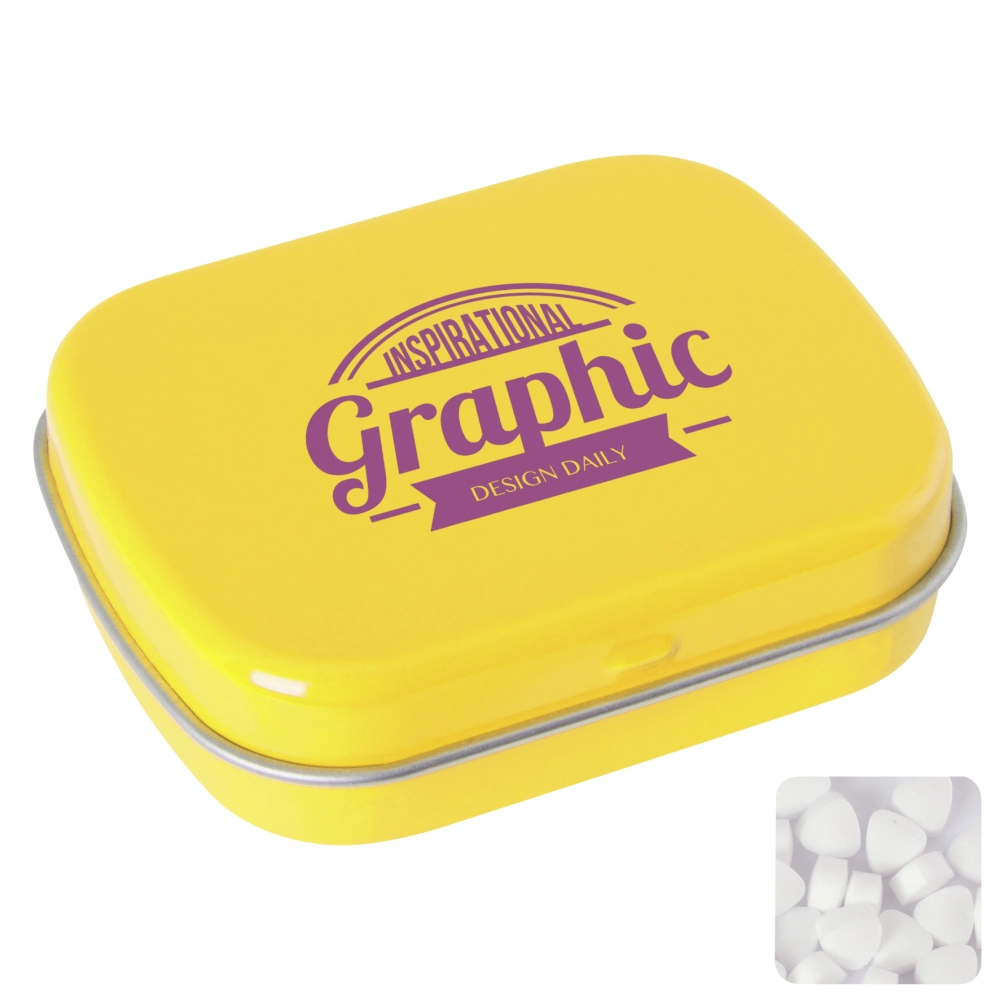 Flat hinged tin with sugar free mints