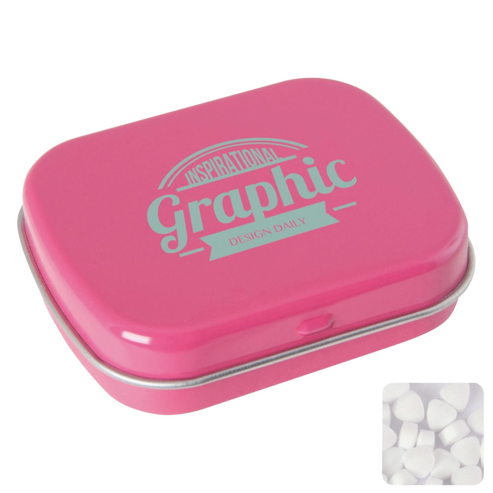 Flat hinged tin with sugar free mints