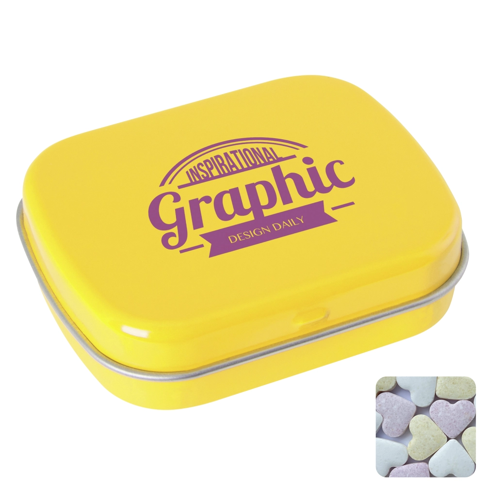 Flat hinged tin with fruit heart sweets 