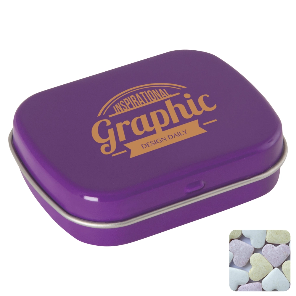 Flat hinged tin with fruit heart sweets 