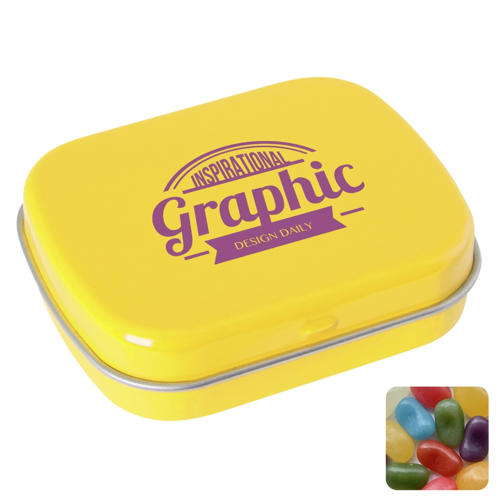 Flat hinged tin with jelly beans