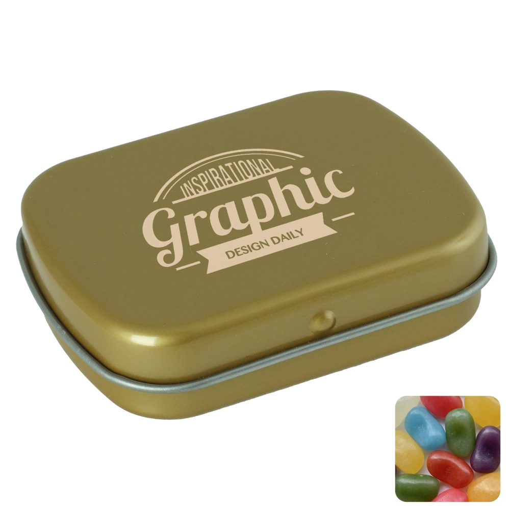 Flat hinged tin with jelly beans