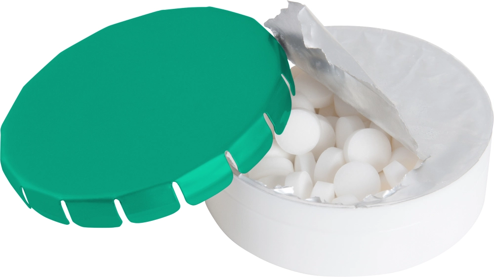 Round plastic pot with metal lid and sugar free mints