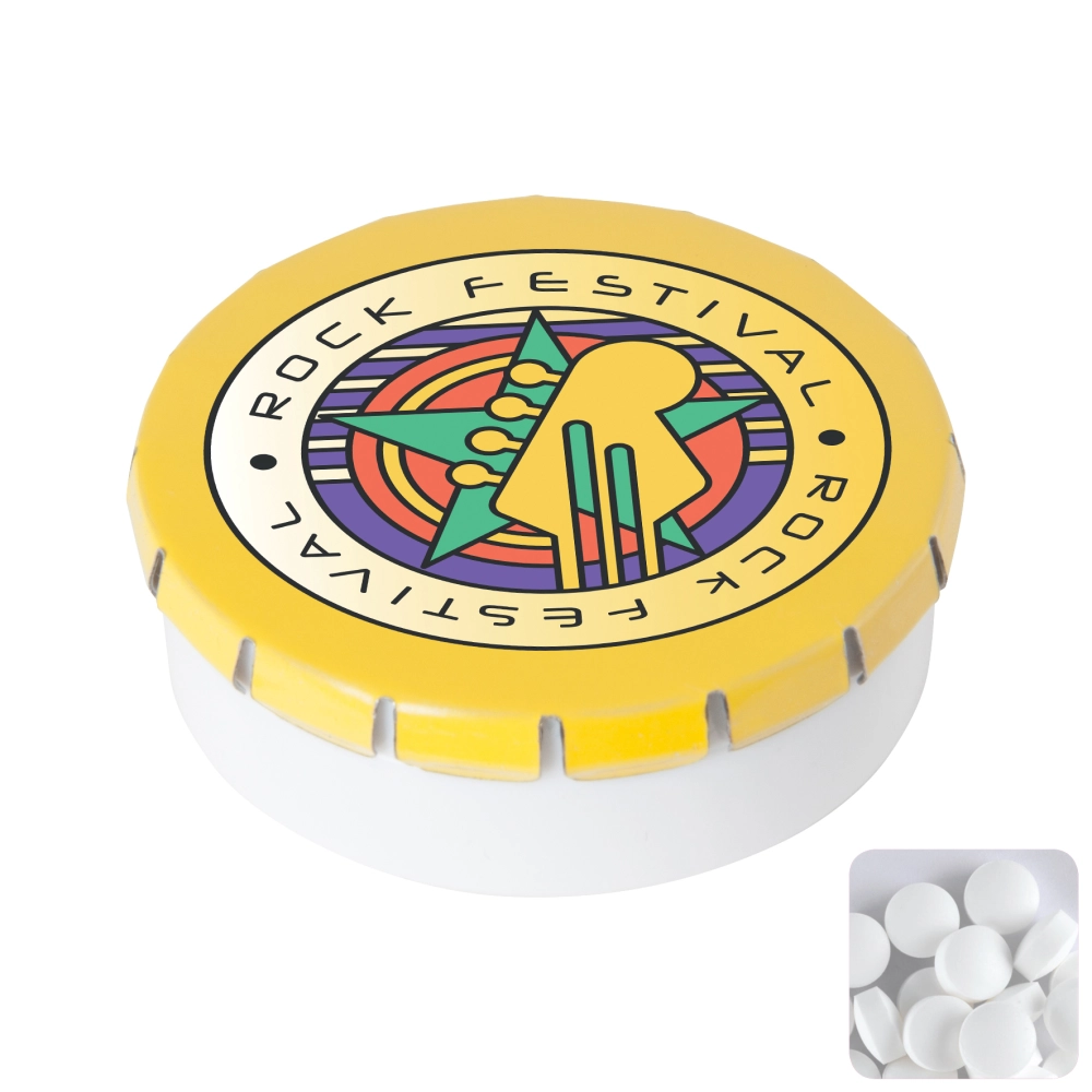 Round plastic pot with metal lid and sugar free mints