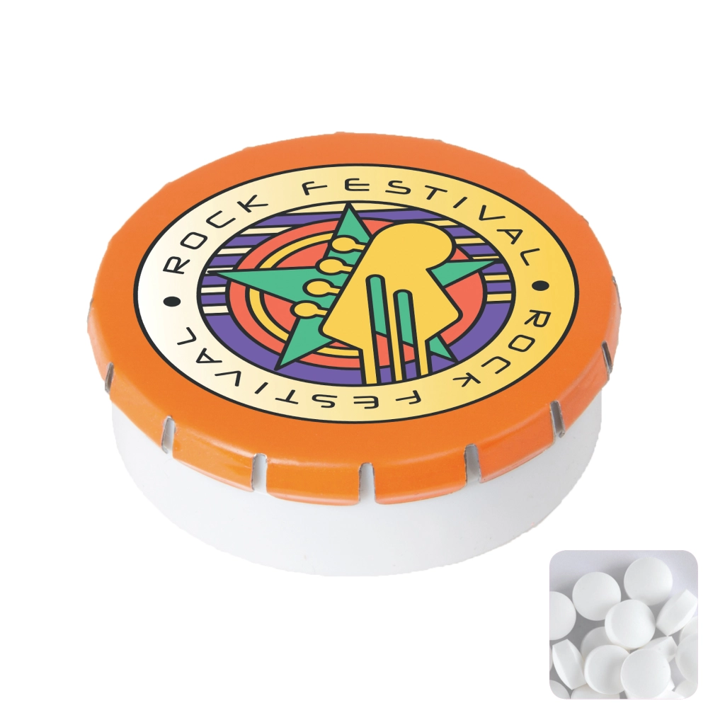 Round plastic pot with metal lid and sugar free mints