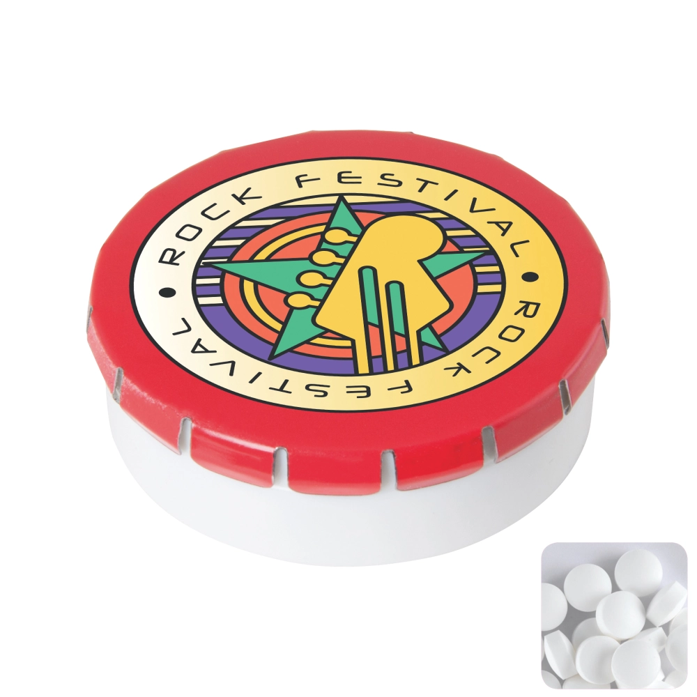 Round plastic pot with metal lid and sugar free mints