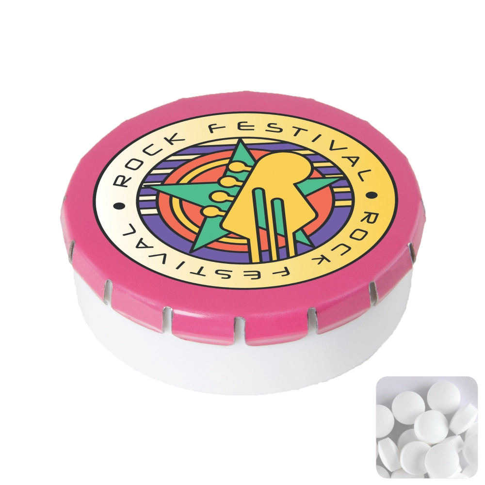 Round plastic pot with metal lid and sugar free mints
