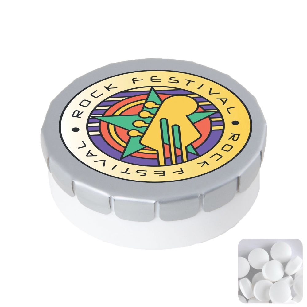 Round plastic pot with metal lid and sugar free mints