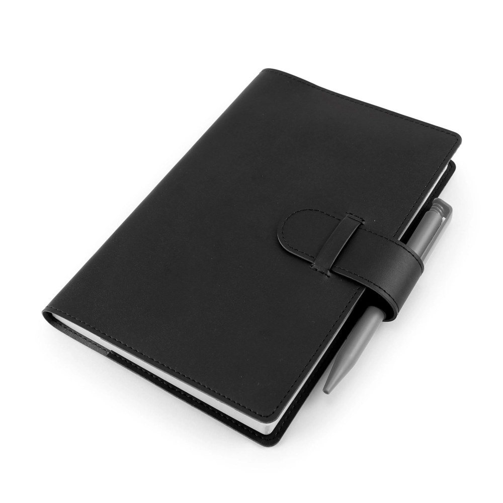 Book Jacket with Strap in Black Porto with replaceable lined inner book.