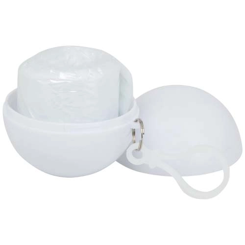 Fog poncho in round plastic container with carabiner