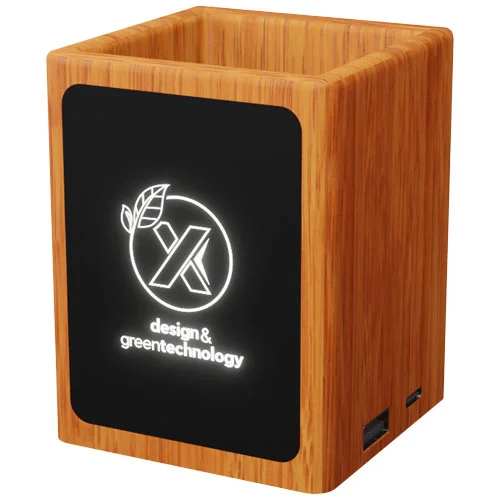 SCX.design O12 wooden light-up logo pencil holder with dual USB output