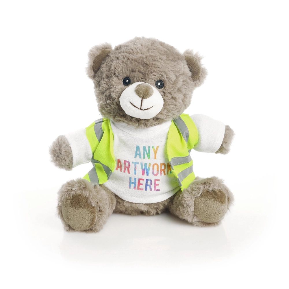 Printed ECO 20cm Mocha Catherine Bear with Yellow Hi Vis Vest