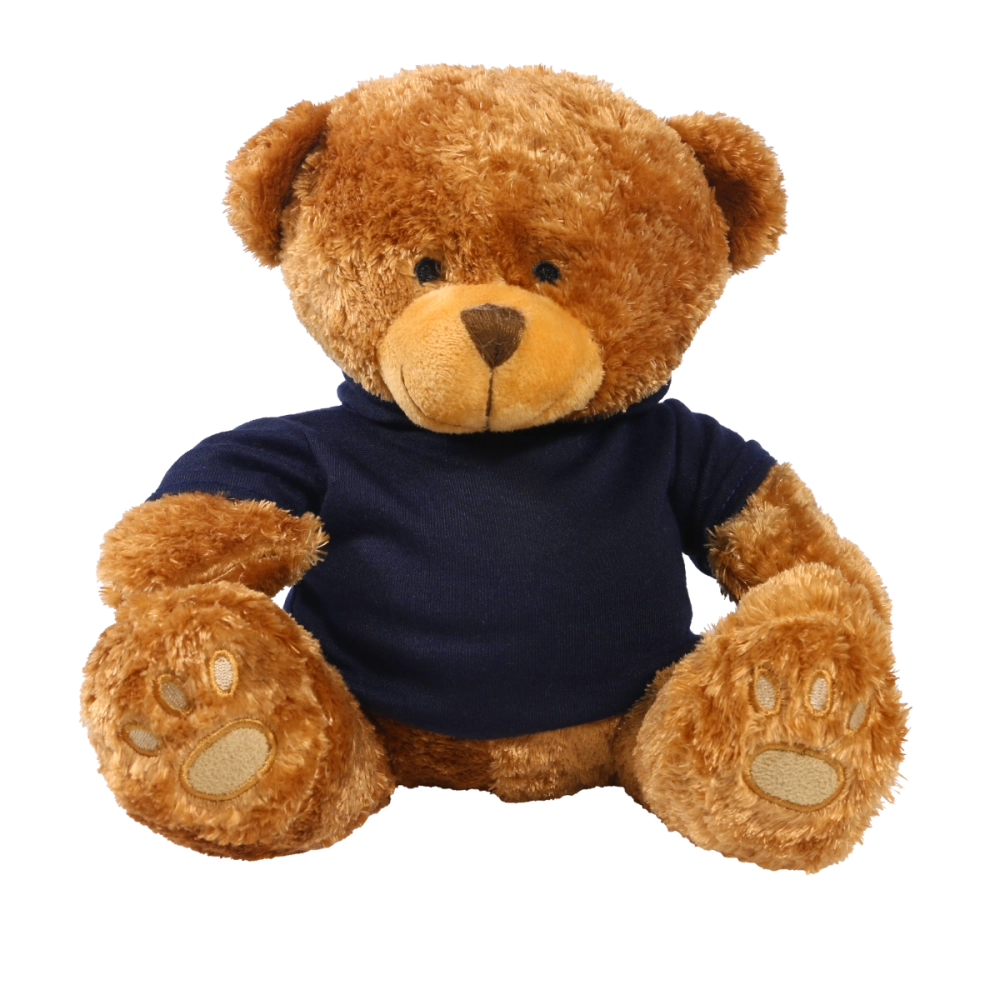 Brown 22cm Edward bear with printed Navy Blue Hoody